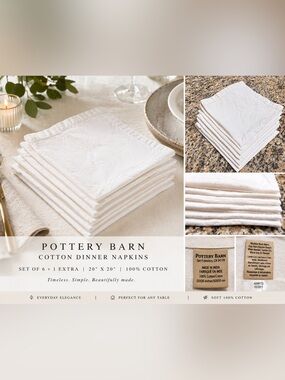 Pottery Barn Set of 6 Cotton Dinner Napkins 20x20 White Beige Farmhouse 1 Extra